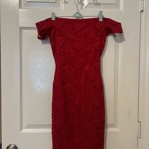 Windsor Red Lace Off-Shoulder Midi Dress